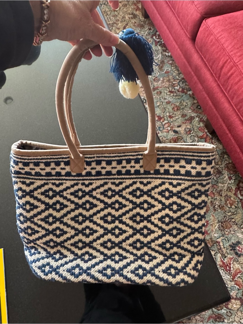 Soft Surroundings Navy and White Woven Tote with Tan Handles NWT $130